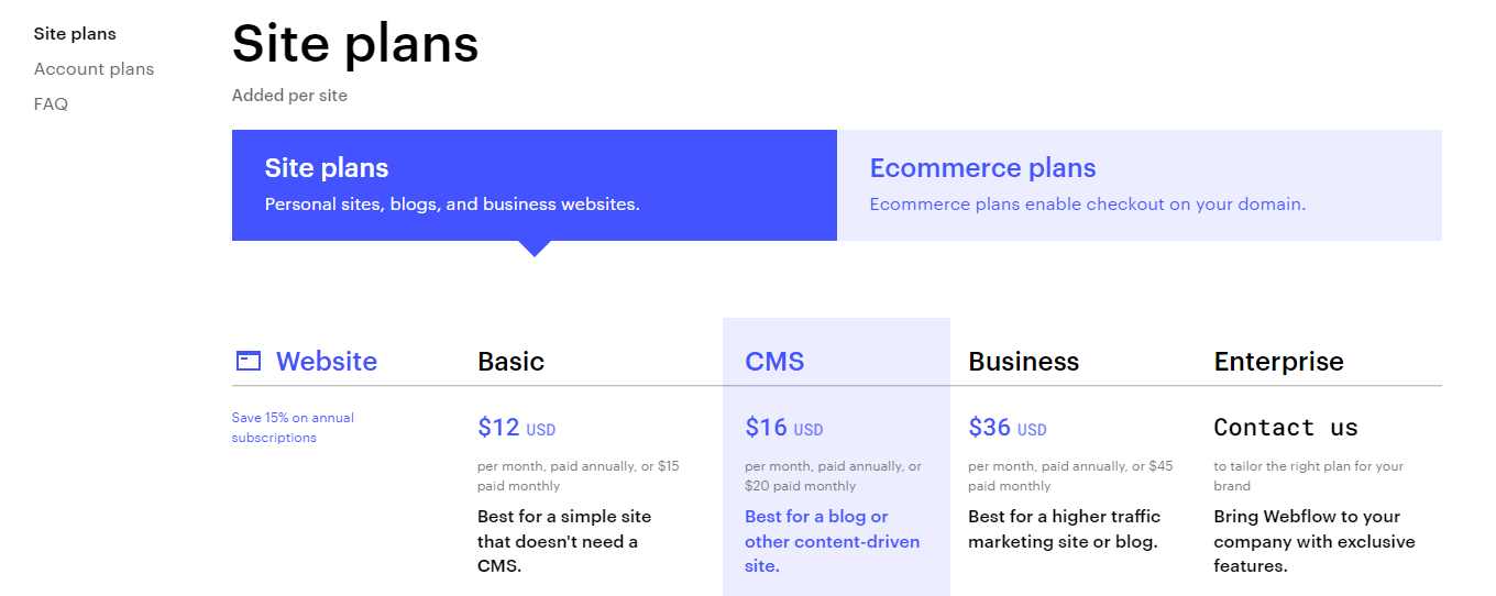 Webflow Pricing